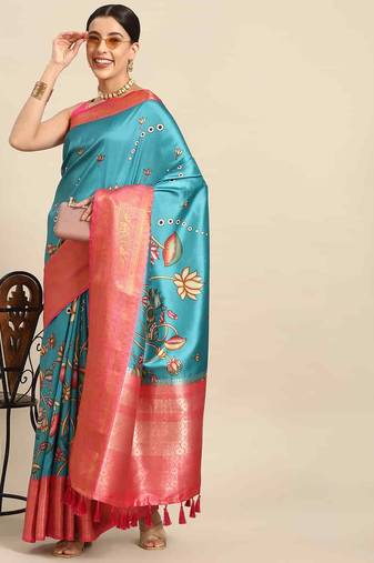 Silk Land  Teal  Printed Art Silk Saree 