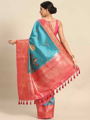 Silk Land  Teal  Printed Art Silk Saree  2