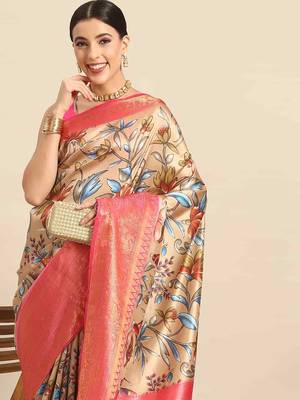 Silk Land  Beige  Printed Art Silk Saree  1
