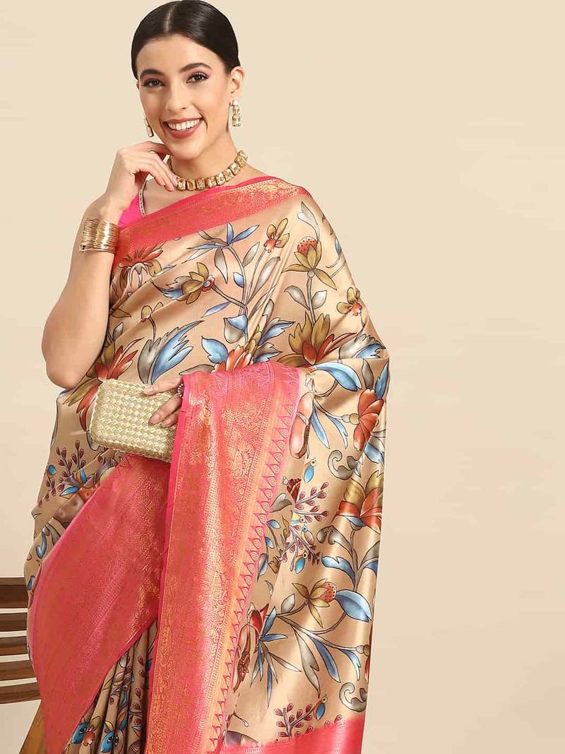 Silk Land  Beige  Printed Art Silk Saree 