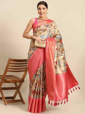 Silk Land  Beige  Printed Art Silk Saree  2