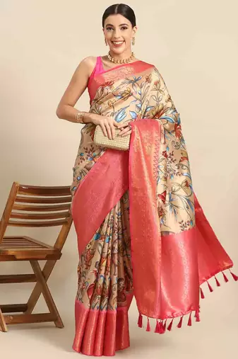 Silk Land  Beige  Printed Art Silk Saree 