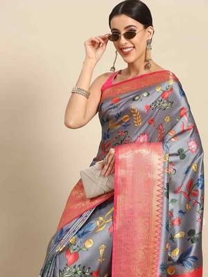 Silk Land  Grey  Printed Art Silk Saree  1