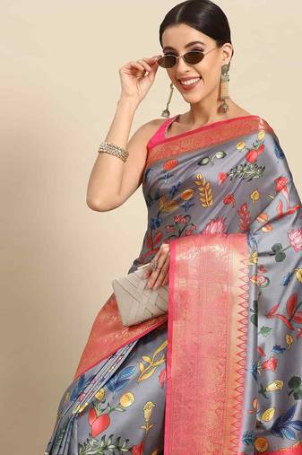 Silk Land  Grey  Printed Art Silk Saree 