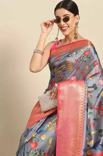 Silk Land  Grey  Printed Art Silk Saree 