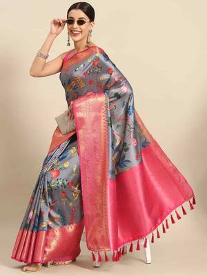 Silk Land  Grey  Printed Art Silk Saree  2