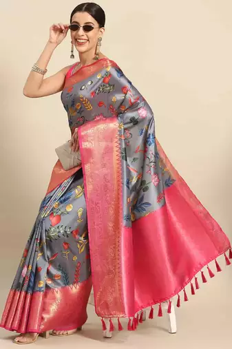 Silk Land  Grey  Printed Art Silk Saree 