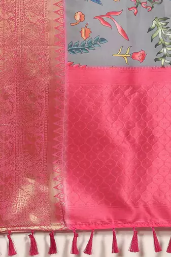 Silk Land  Grey  Printed Art Silk Saree 