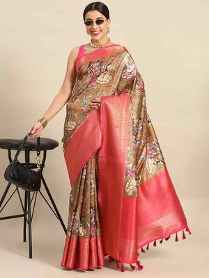 Silk Land  Brown  Printed Art Silk Saree  1