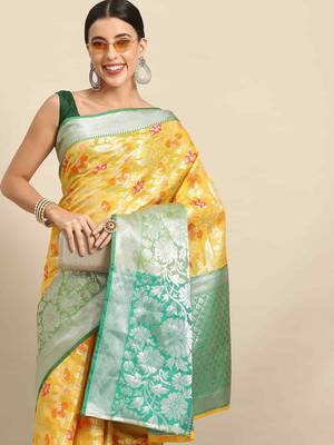 Silk Land  Yellow  Woven Design Tussar Saree  1