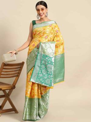 Silk Land  Yellow  Woven Design Tussar Saree  2