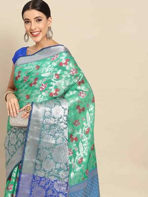 Silk Land  Teal  Woven Design Tussar Saree  1