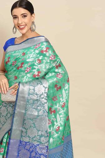 Silk Land  Teal  Woven Design Tussar Saree 