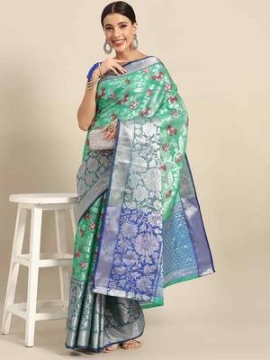 Silk Land  Teal  Woven Design Tussar Saree  2