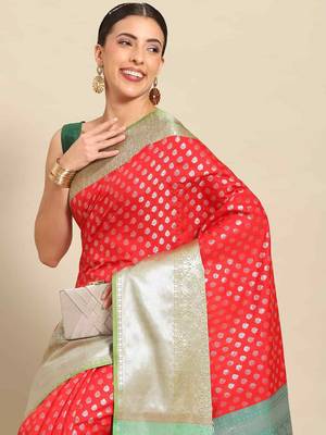Silk Land  Red  Woven Design Art Silk Saree  1