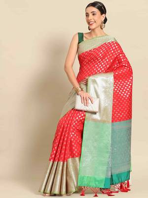 Silk Land  Red  Woven Design Art Silk Saree  2