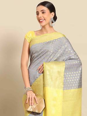 Silk Land  Grey  Woven Design Art Silk Saree  1