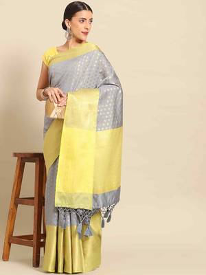Silk Land  Grey  Woven Design Art Silk Saree  2