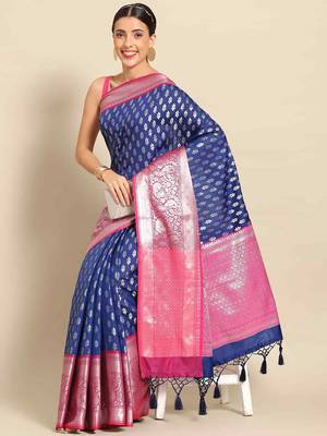 Silk Land  Navy Blue  Woven Design Art Silk Saree  1