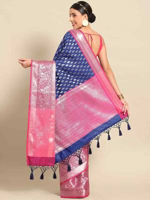 Silk Land  Navy Blue  Woven Design Art Silk Saree  2