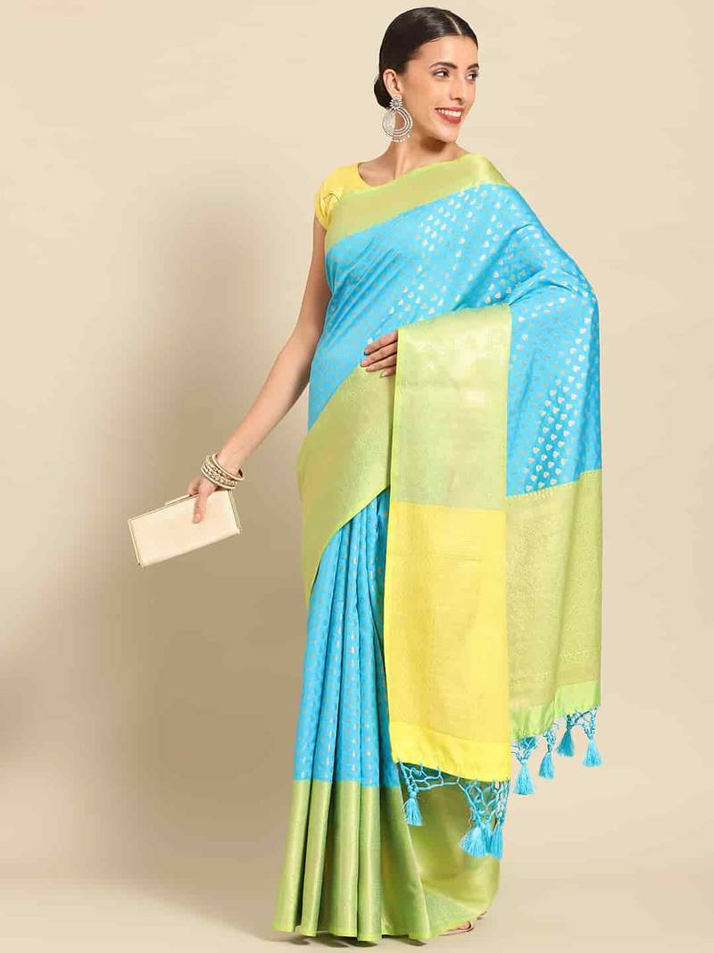 Silk Land  teal  woven design art silk saree 