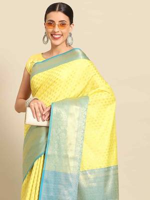 Silk Land  Yellow  Woven Design Art Silk Saree  1