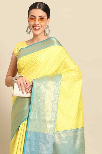 Silk Land  Yellow  Woven Design Art Silk Saree 