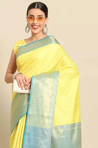 Silk Land  Yellow  Woven Design Art Silk Saree 