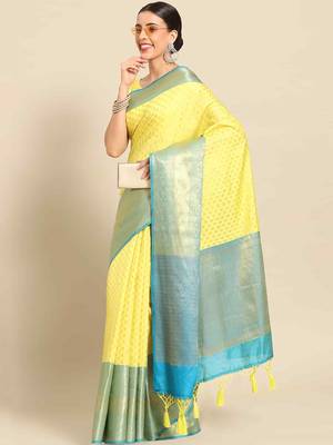 Silk Land  Yellow  Woven Design Art Silk Saree  2