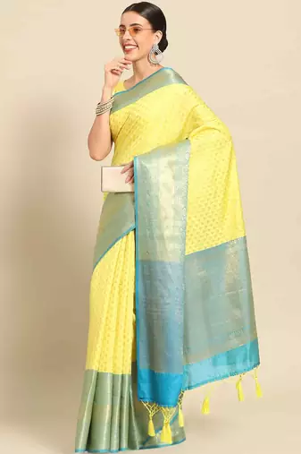Silk Land  Yellow  Woven Design Art Silk Saree 