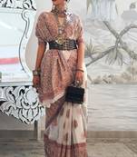 Beige Traditional Floral Woven Kashmiri Kani Saree With Beautiful Tassels Weaving Saree For Women