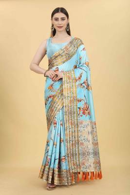 Silk Land  Blue  Printed Art Silk Saree  1