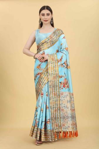 Silk Land  Blue  Printed Art Silk Saree 