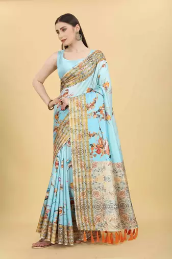 Silk Land  Blue  Printed Art Silk Saree 