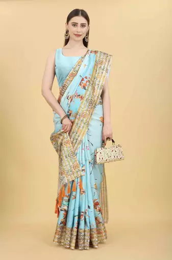 Silk Land  Blue  Printed Art Silk Saree 