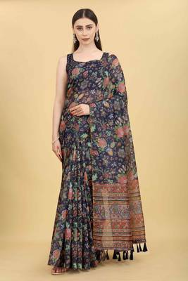 Silk Land  Navy Blue  Printed Cotton Blend Saree  1