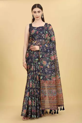Silk Land  Navy Blue  Printed Cotton Blend Saree 