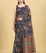 Silk Land  Navy Blue  Printed Cotton Blend Saree 