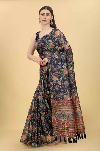 Silk Land  Navy Blue  Printed Cotton Blend Saree 