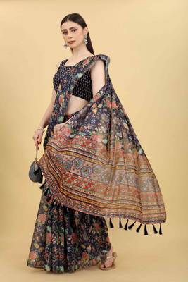 Silk Land  Navy Blue  Printed Cotton Blend Saree  4