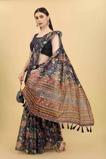 Silk Land  Navy Blue  Printed Cotton Blend Saree 
