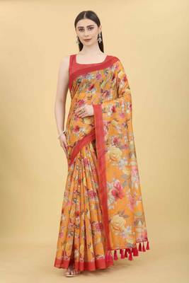 Silk Land  Orange  Printed Cotton Blend Saree  1