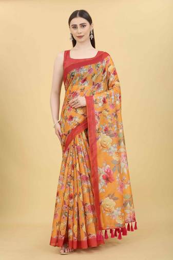 Silk Land  Orange  Printed Cotton Blend Saree 
