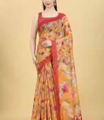 Silk Land  Orange  Printed Cotton Blend Saree 