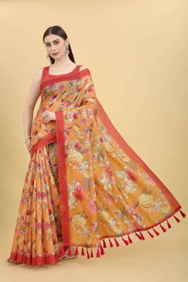 Silk Land  Orange  Printed Cotton Blend Saree  2