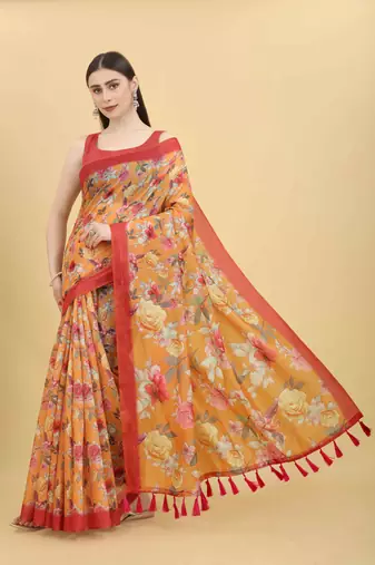 Silk Land  Orange  Printed Cotton Blend Saree 