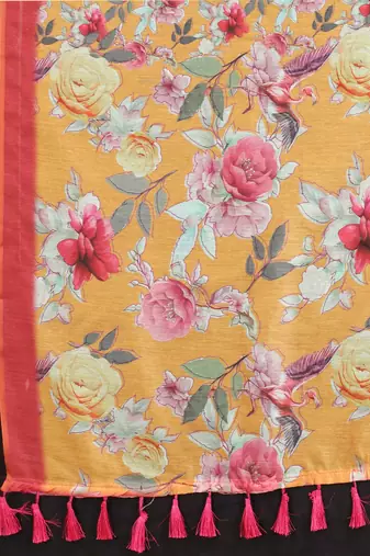 Silk Land  Orange  Printed Cotton Blend Saree 