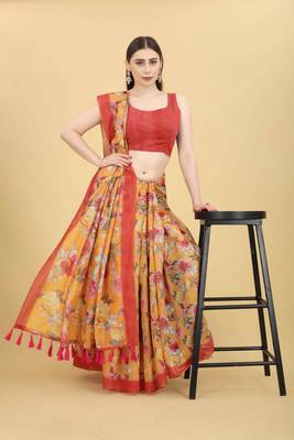 Silk Land  Orange  Printed Cotton Blend Saree  4