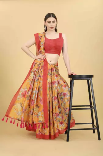Silk Land  Orange  Printed Cotton Blend Saree 