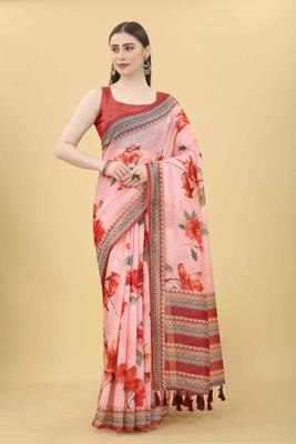 Silk Land  Pink  Printed Cotton Blend Saree  1